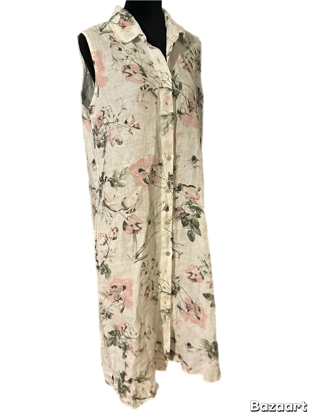 Linen White Sleeveless Midi Dress with Pink Floral Print size M